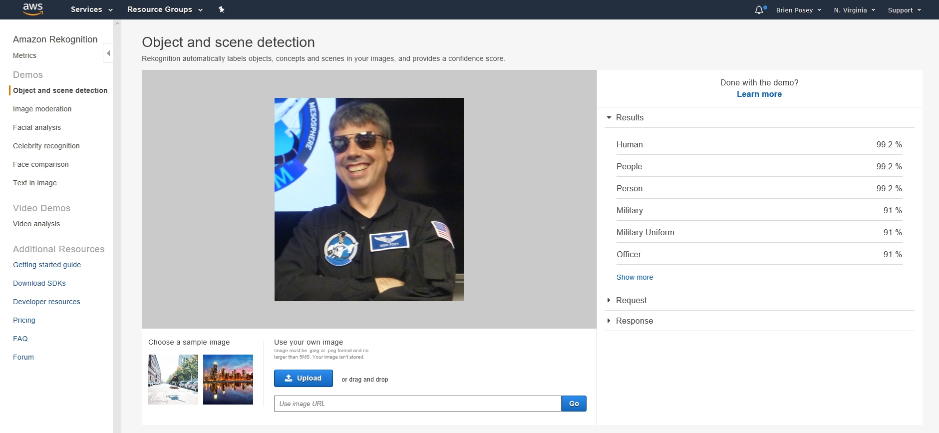 screenshot of Amazon Rekognition